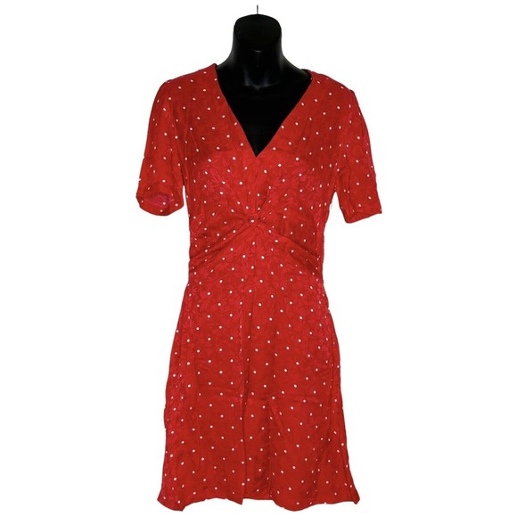 MAJE Womens Red Ripia Twist-Front Polka-Dot Floral Jacquard Mini Dress Sz Small - Picture 2 of 12